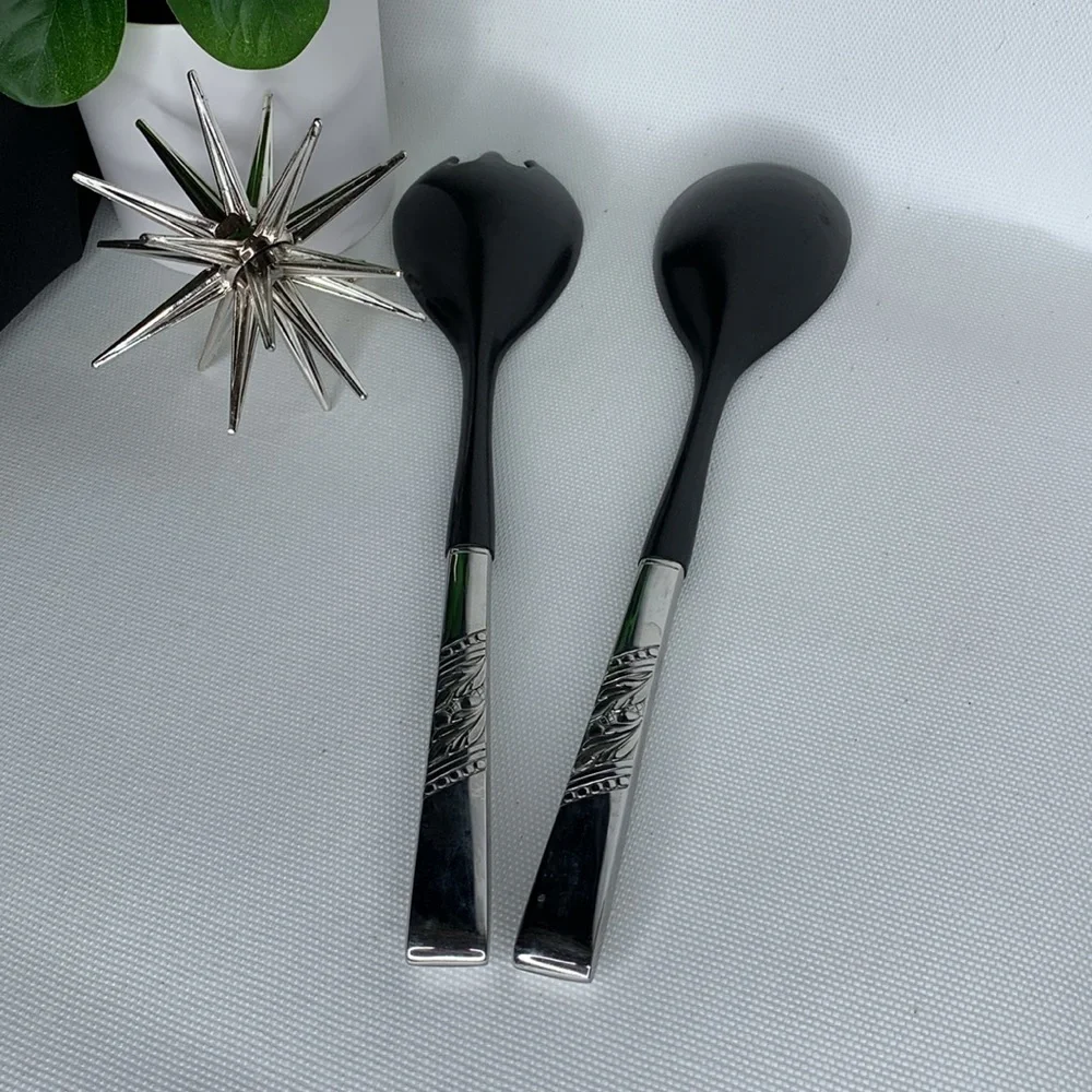 Vintage Oneida CATALINA stainless steel and black plastic handled salad servers